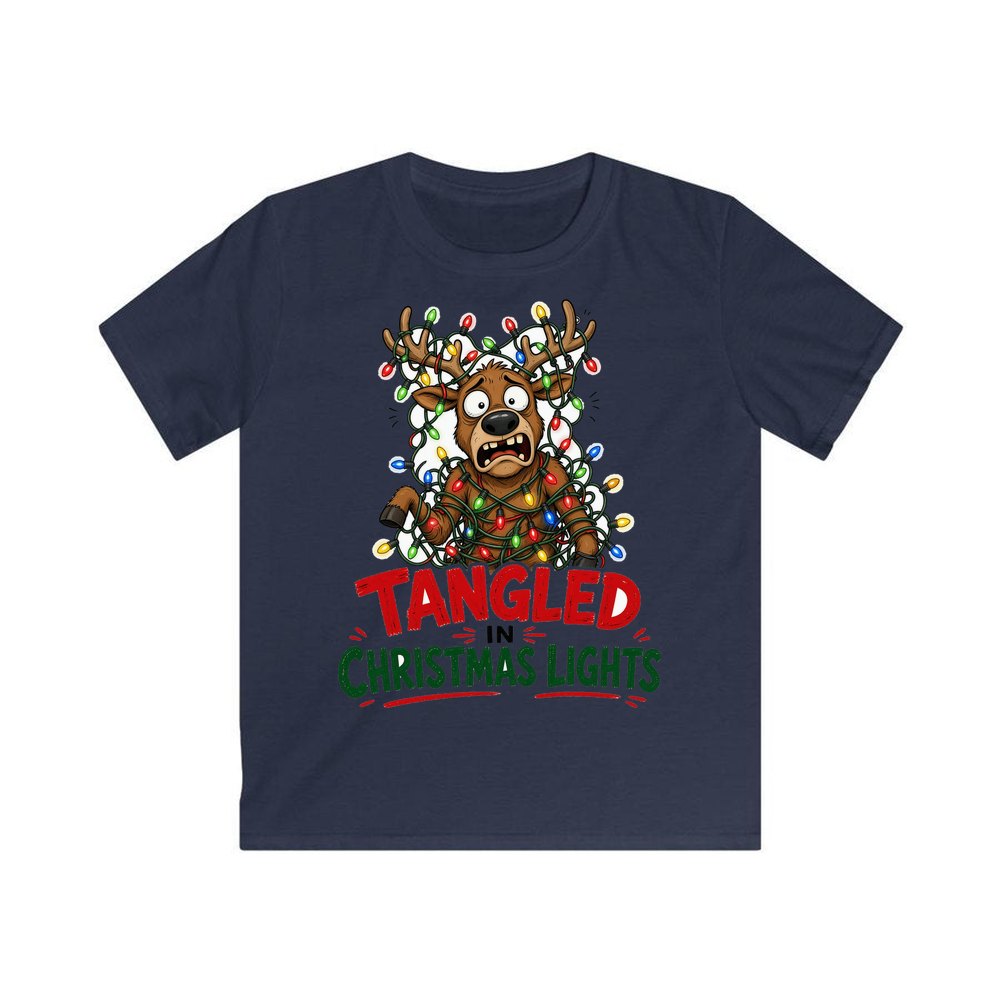 Tangled in Christmas Lights personalised kids Christmas tee in navy
