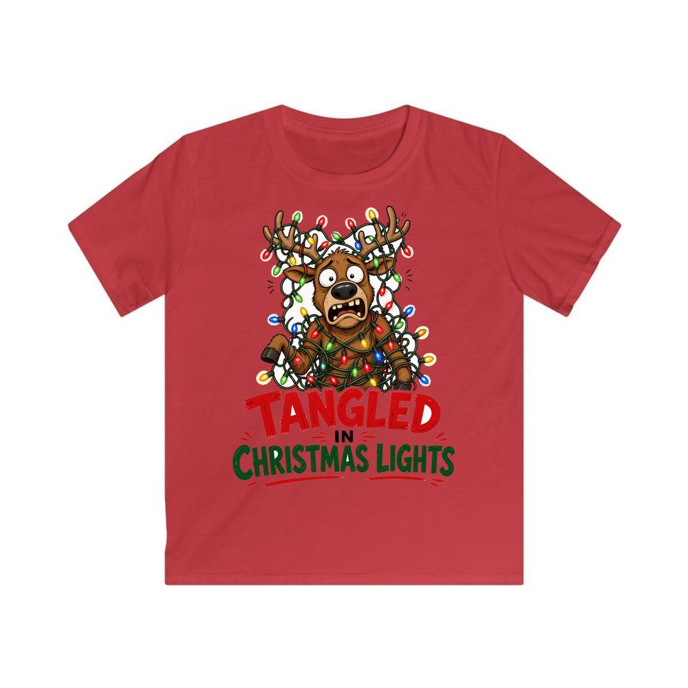 Tangled in Christmas Lights personalised kids Christmas tee in red