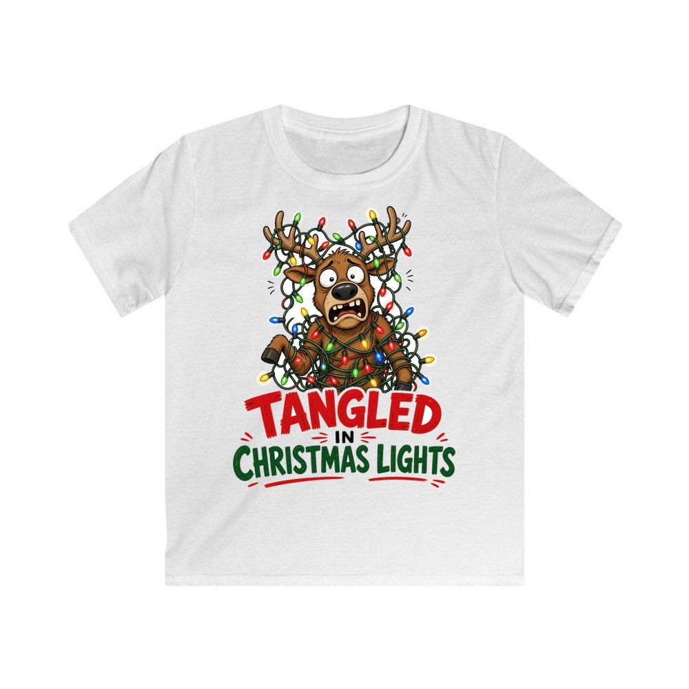 Tangled in Christmas Lights personalised kids Christmas tee in white