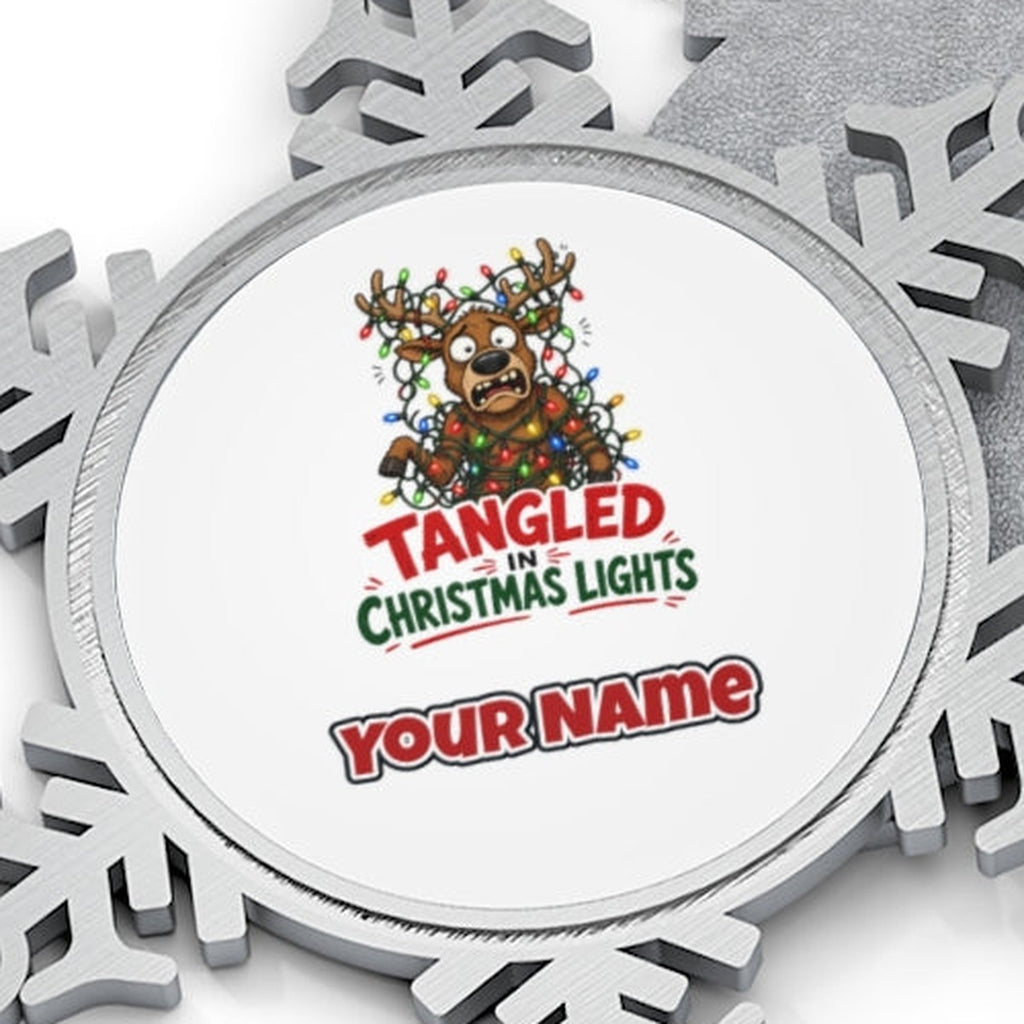 Tangled in Christmas Lights Personalised Pewter Christmas Ornament