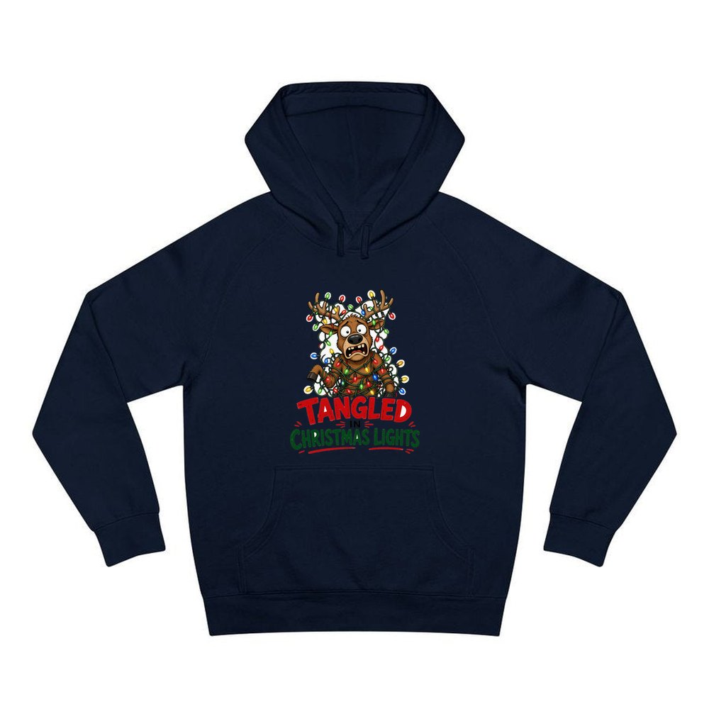 Tangled in Christmas Lights personalised Christmas hoodie in navy