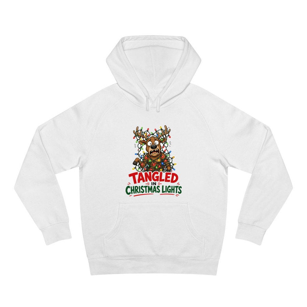 Tangled in Christmas Lights personalised Christmas hoodie in white
