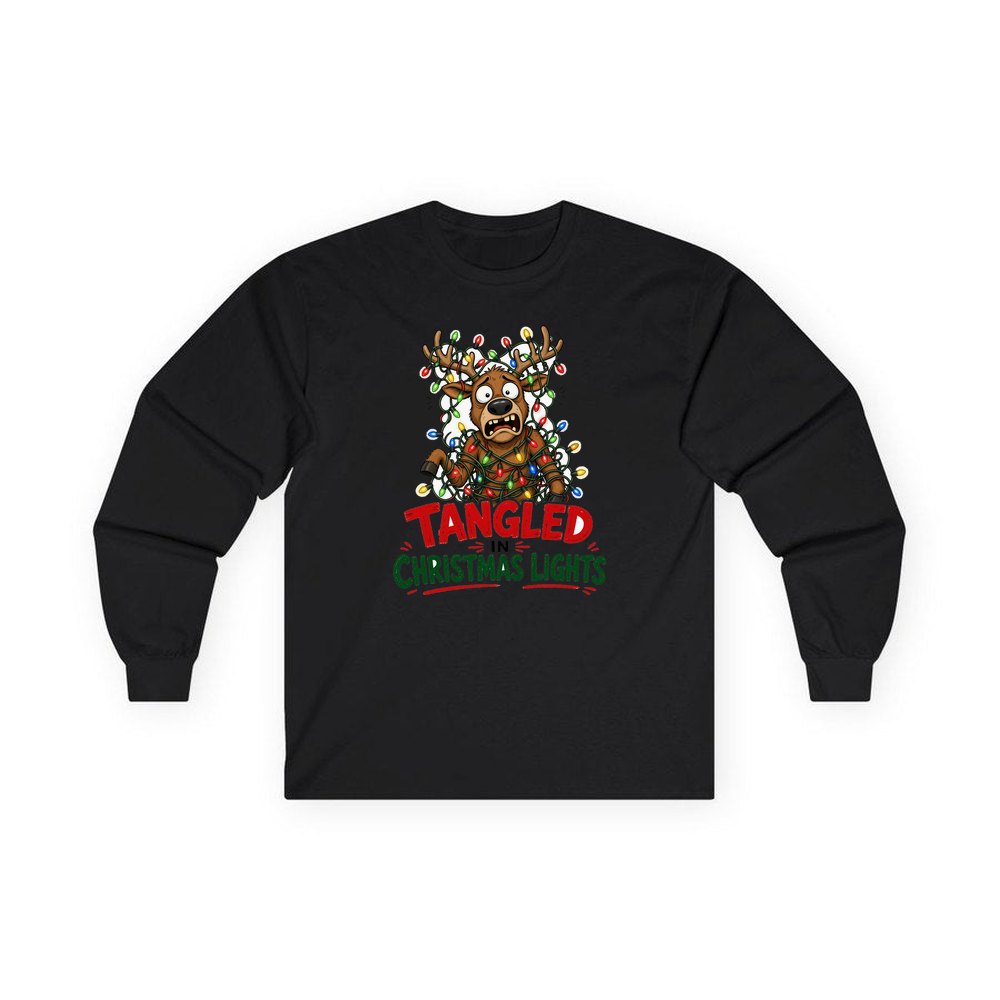 Tangled in Christmas Lights personalised long sleeve Christmas T-shirt in black