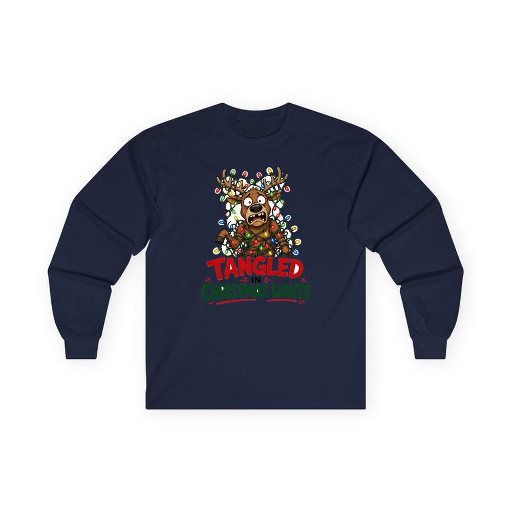 Tangled in Christmas Lights personalised long sleeve Christmas T-shirt in navy