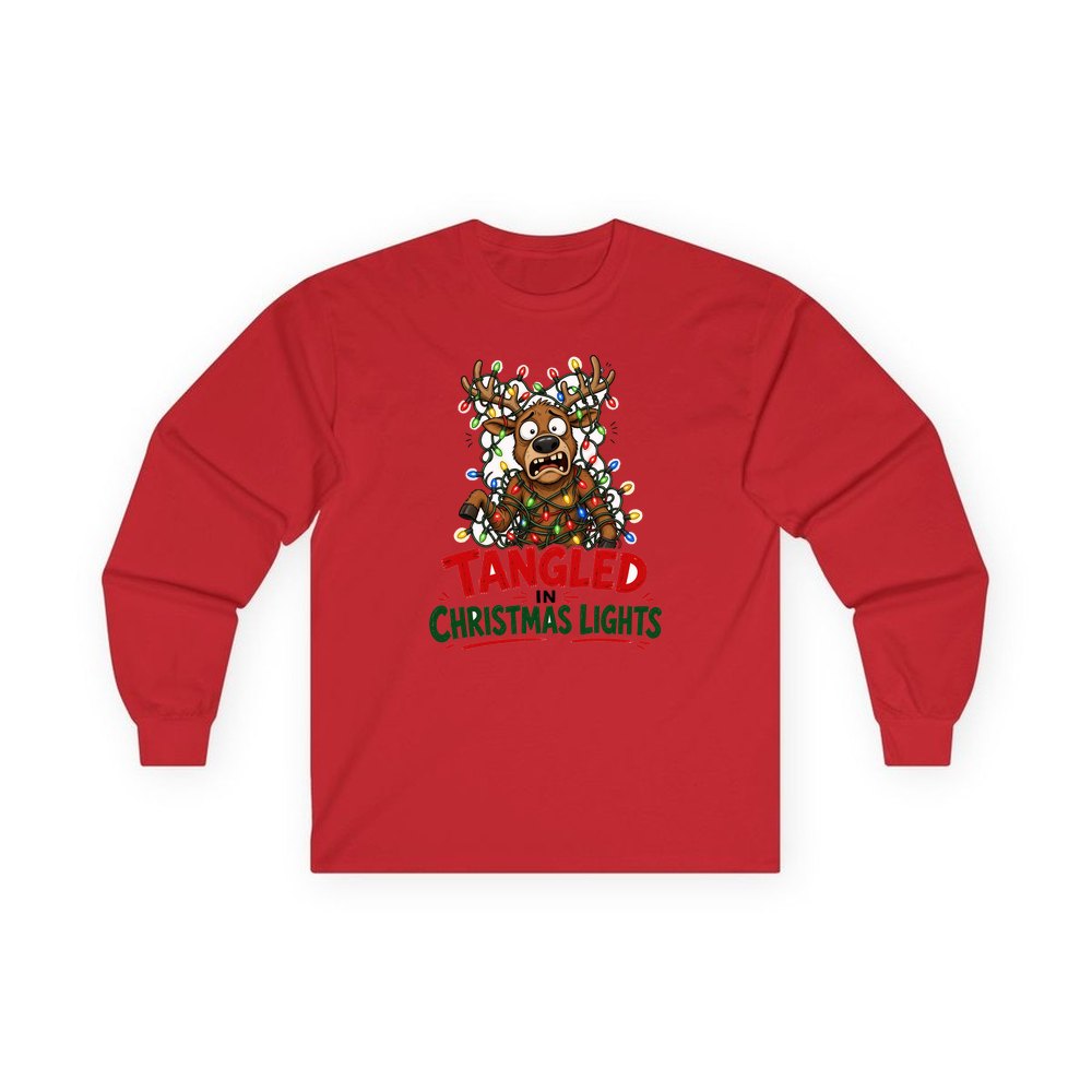 Tangled in Christmas Lights personalised long sleeve Christmas T-shirt in red