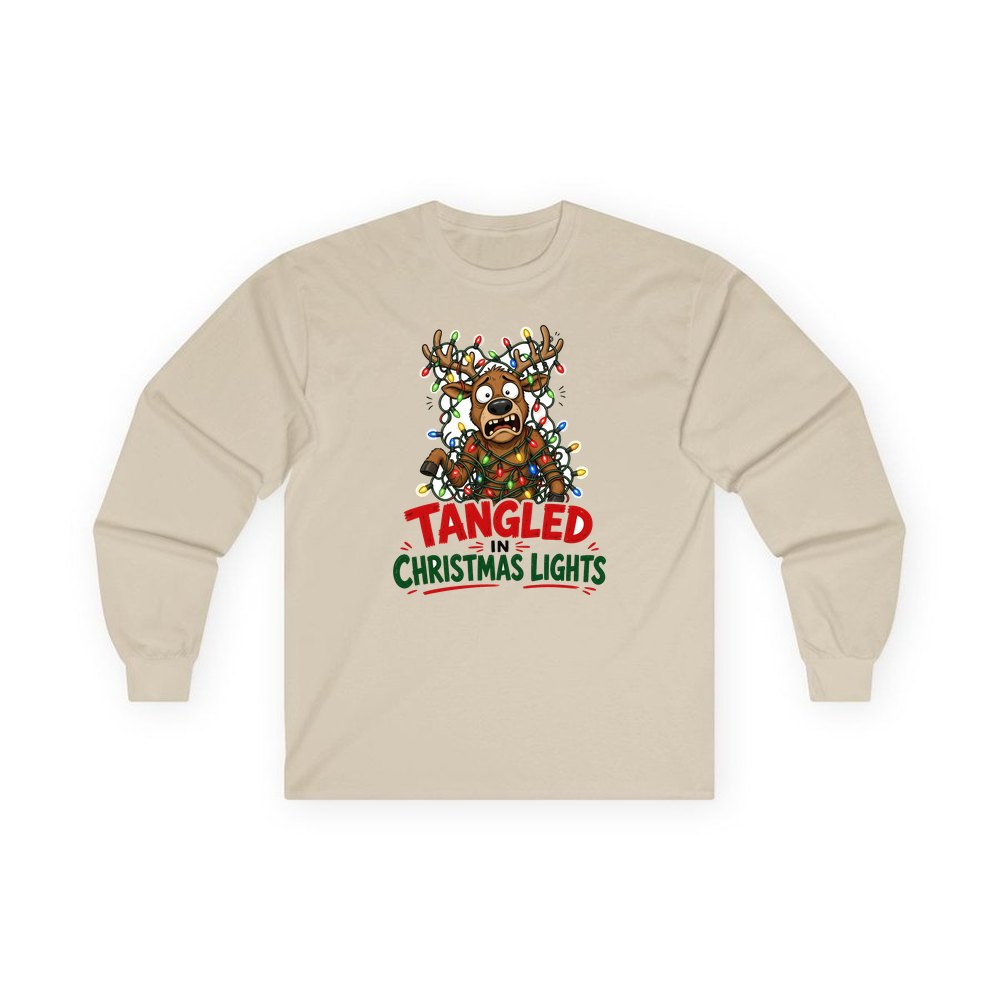 Tangled in Christmas Lights personalised long sleeve Christmas T-shirt in sand