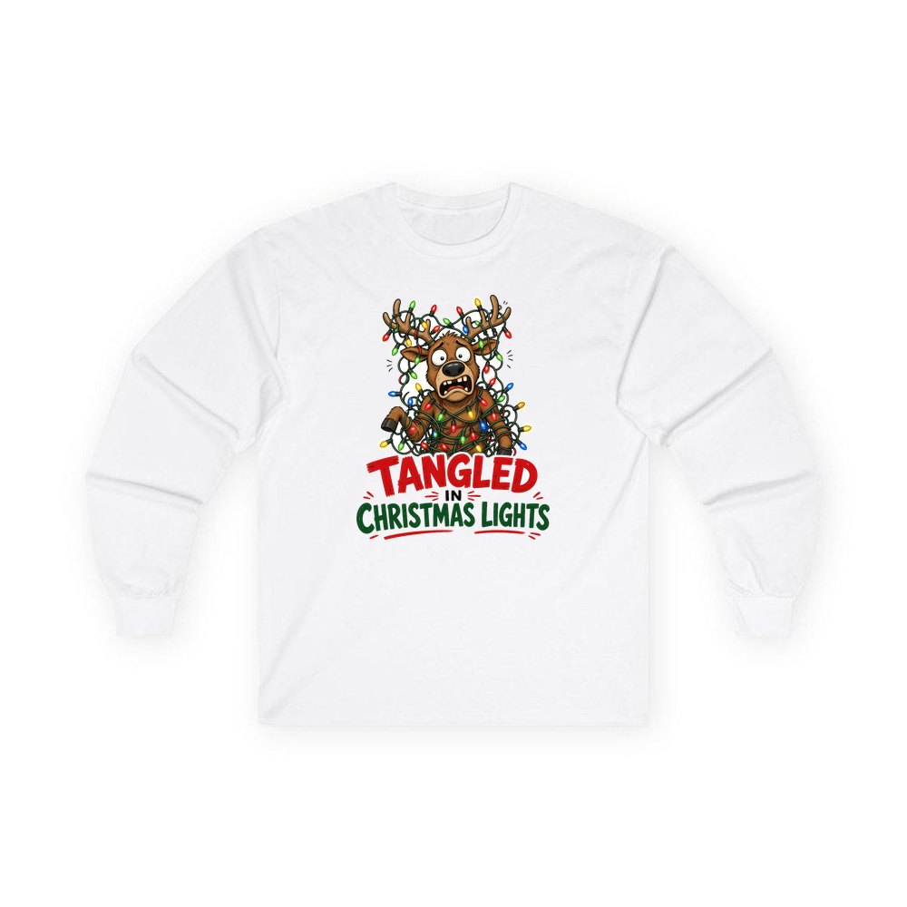 Tangled in Christmas Lights personalised long sleeve Christmas T-shirt in white
