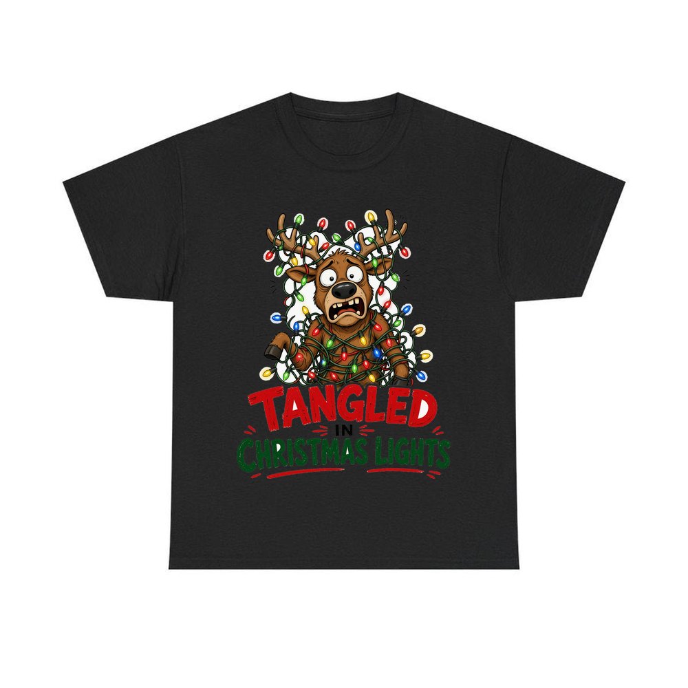 Tangled in Christmas Lights personalised Christmas T-shirt in black