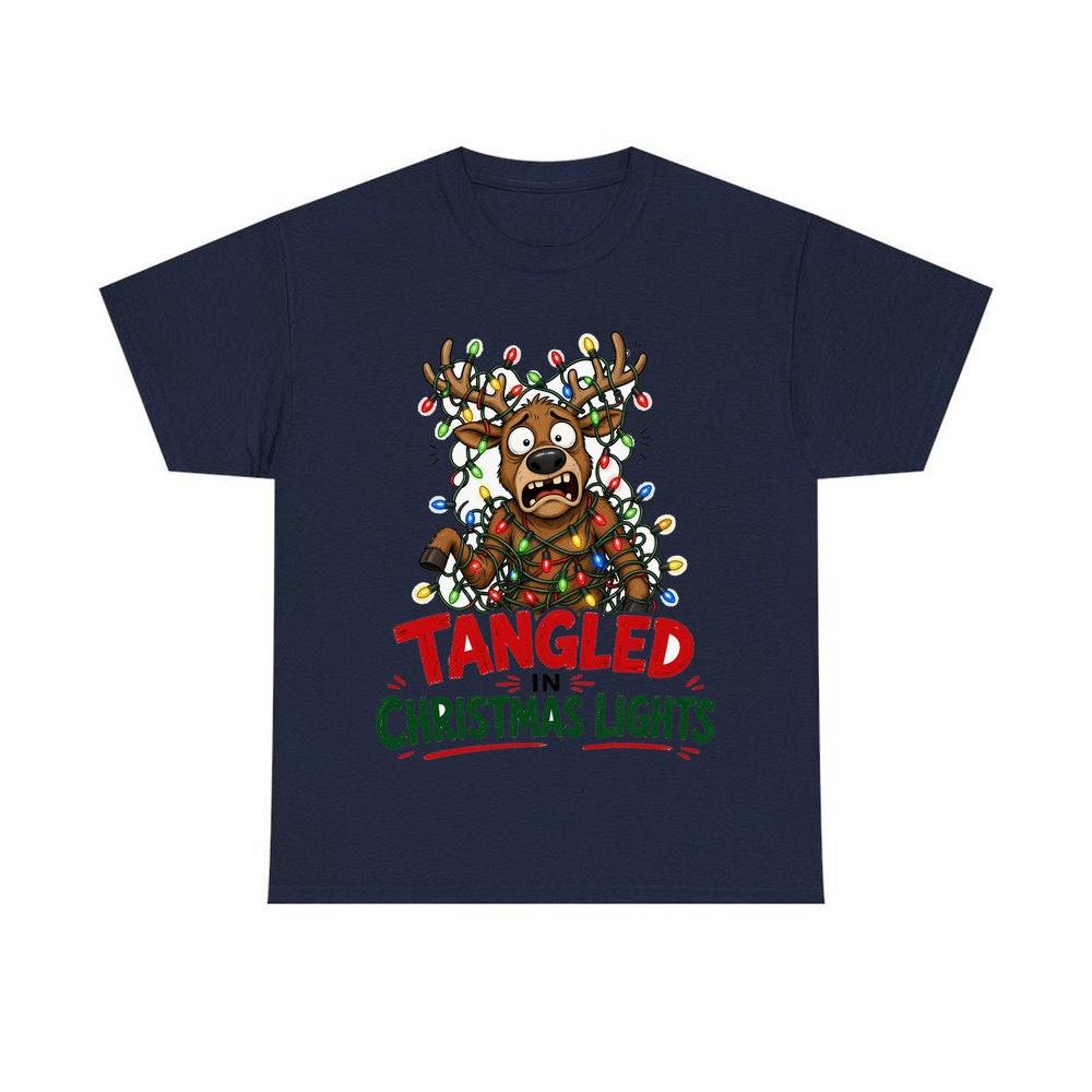 Tangled in Christmas Lights personalised Christmas T-shirt in navy