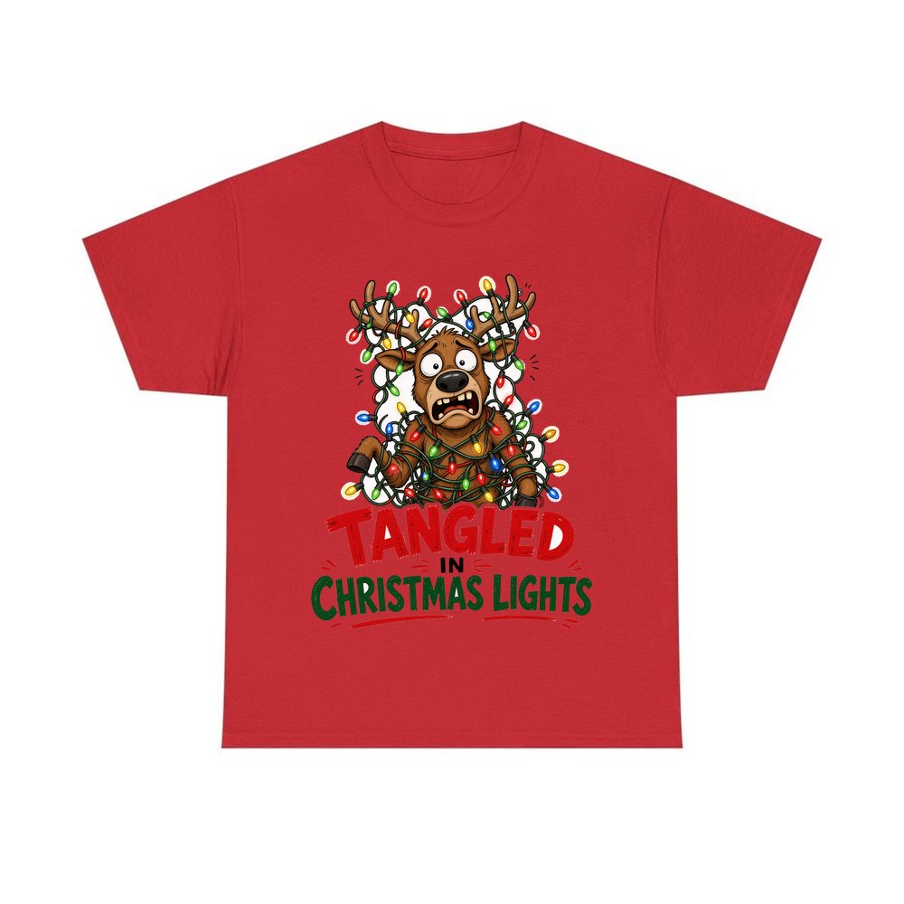 Tangled in Christmas Lights personalised Christmas T-shirt in red