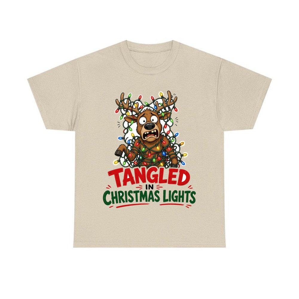 Tangled in Christmas Lights personalised Christmas T-shirt in sand