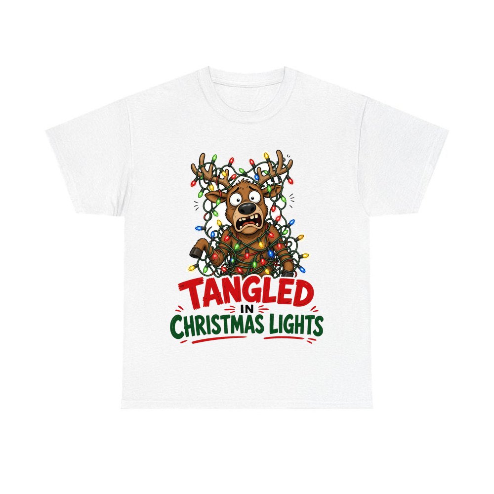 Tangled in Christmas Lights personalised Christmas T-shirt in white