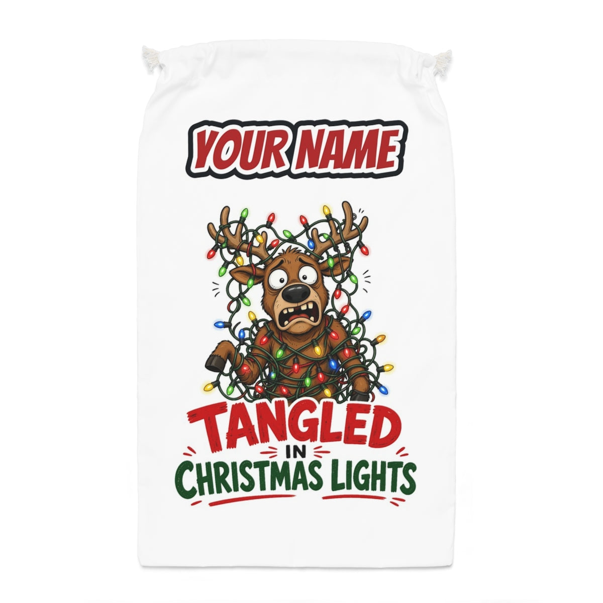 Tangled in Christmas Lights Santa sack laid flat, showing the full print