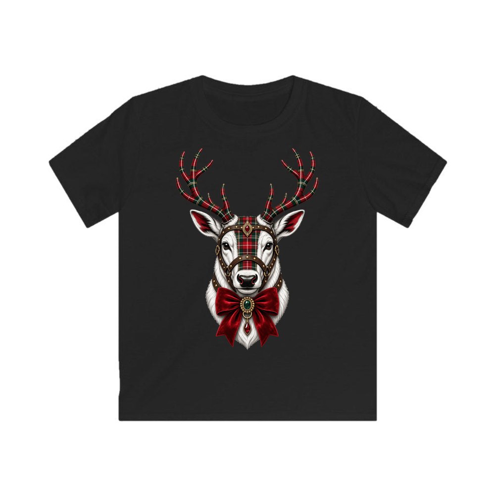 Tartan Antler Reindeer Portrait personalised kids Christmas tee in black