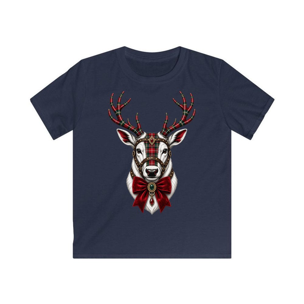 Tartan Antler Reindeer Portrait personalised kids Christmas tee in navy