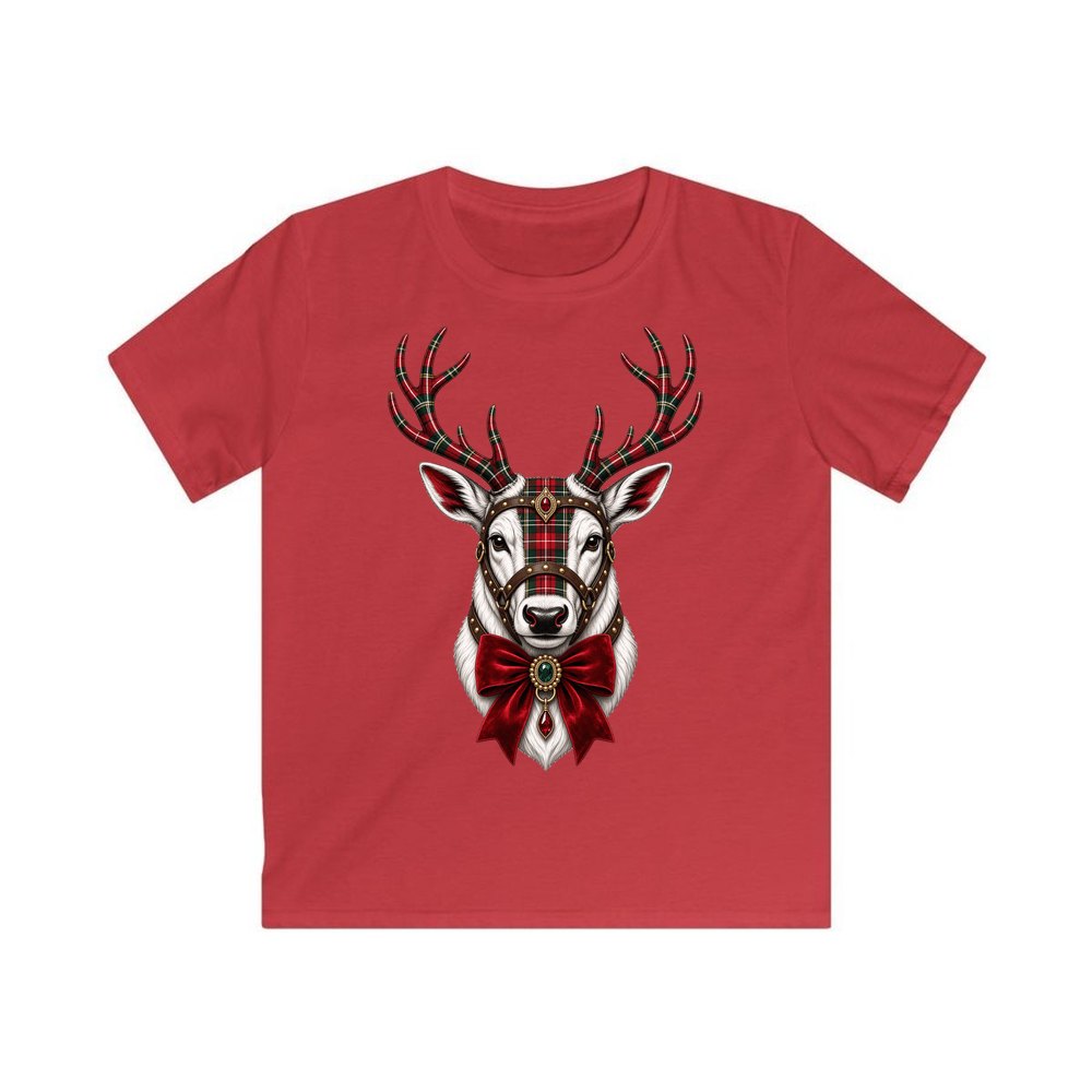 Tartan Antler Reindeer Portrait personalised kids Christmas tee in red
