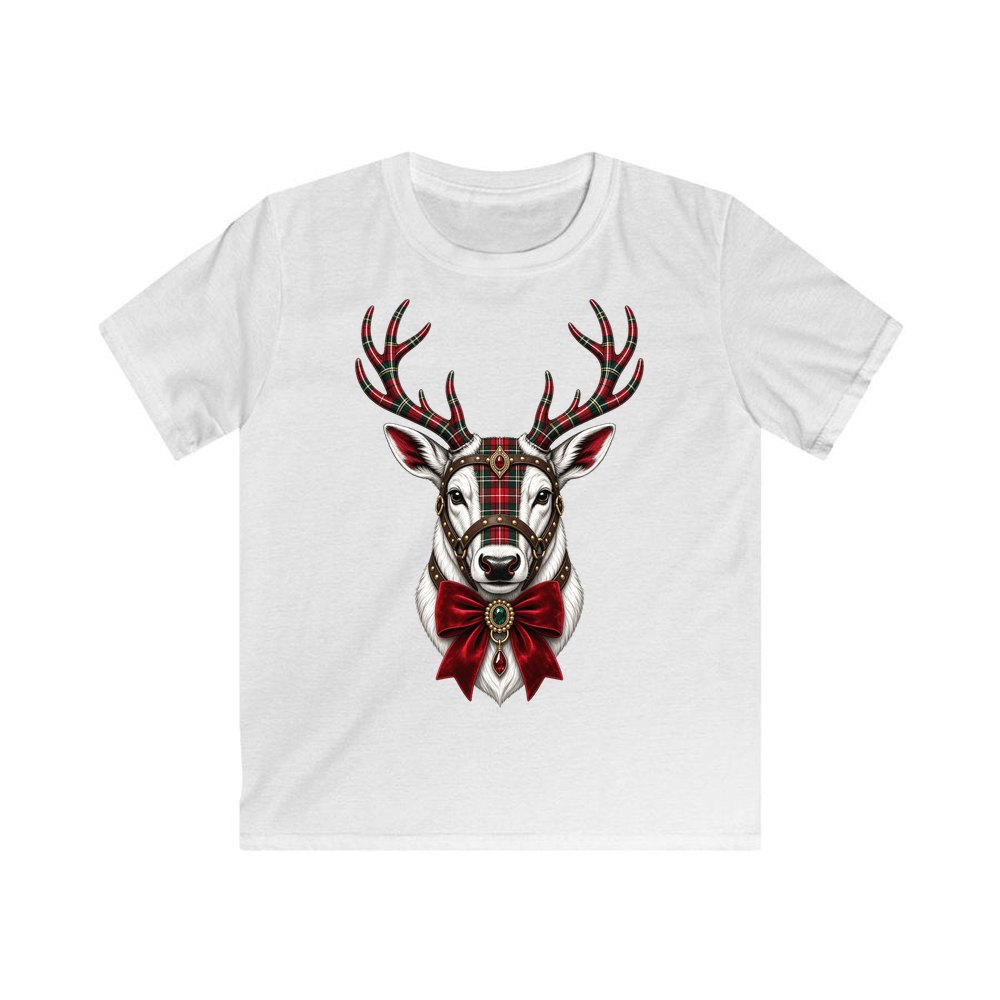 Tartan Antler Reindeer Portrait personalised kids Christmas tee in white