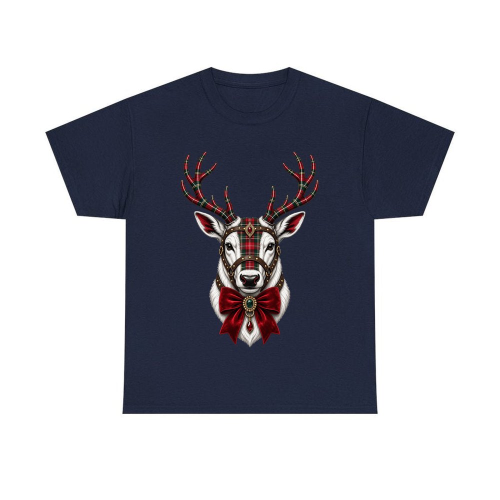 Tartan Antler Reindeer Portrait personalised Christmas T-shirt in navy