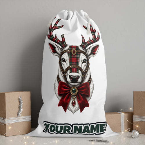 Tartan Antler Reindeer Portrait personalised Santa sack, white, with the name printed under the artwork