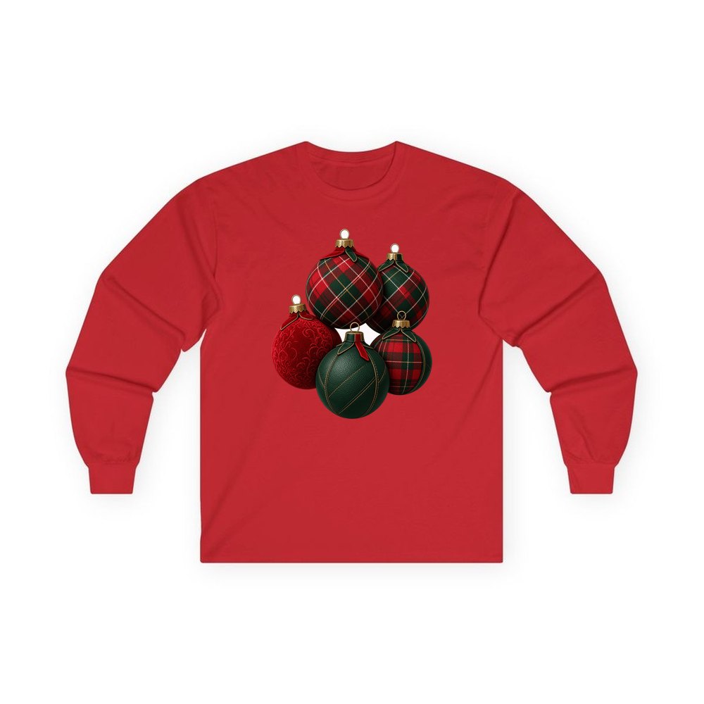 Tartan Bauble Cluster personalised long sleeve Christmas T-shirt in red