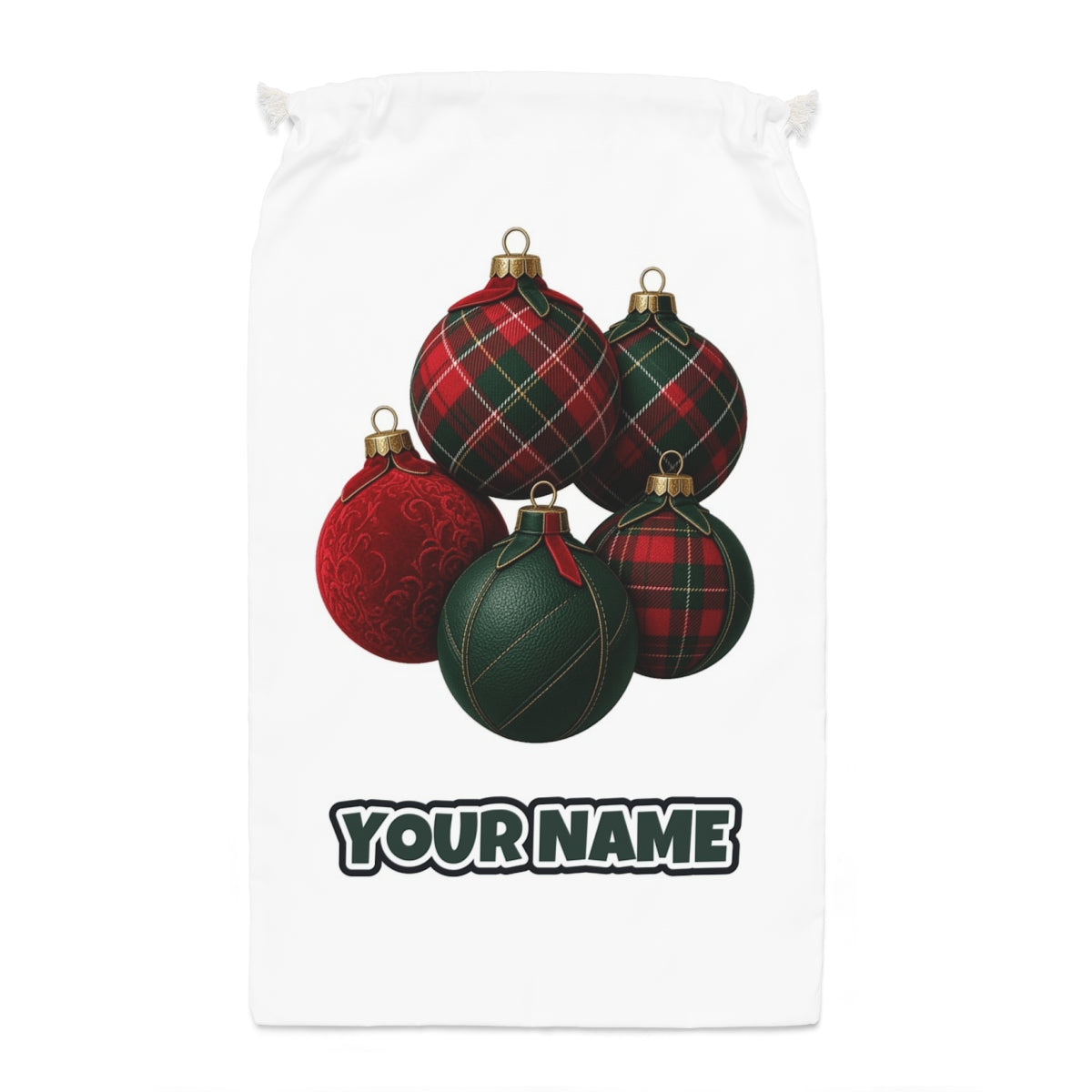 Tartan Bauble Cluster Santa sack laid flat, showing the full print