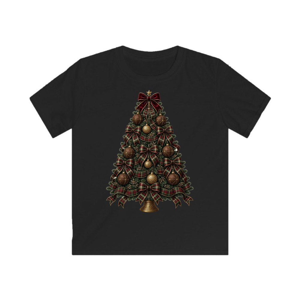 Tartan Bow Christmas Tree personalised kids Christmas tee in black
