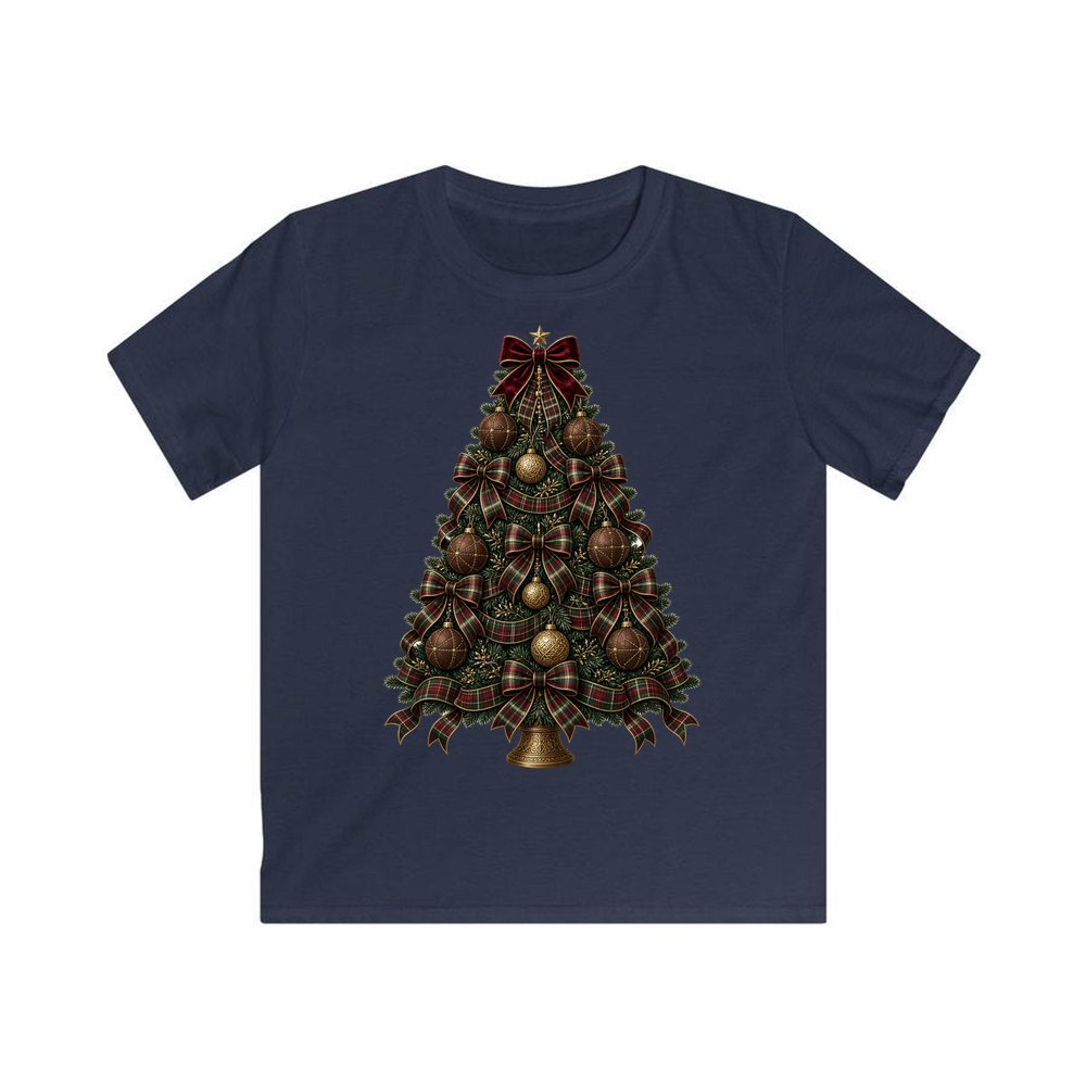 Tartan Bow Christmas Tree personalised kids Christmas tee in navy