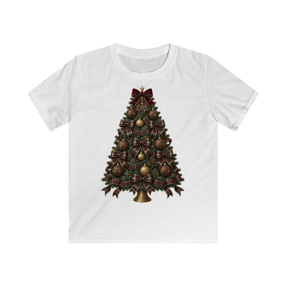 Tartan Bow Christmas Tree personalised kids Christmas tee in white