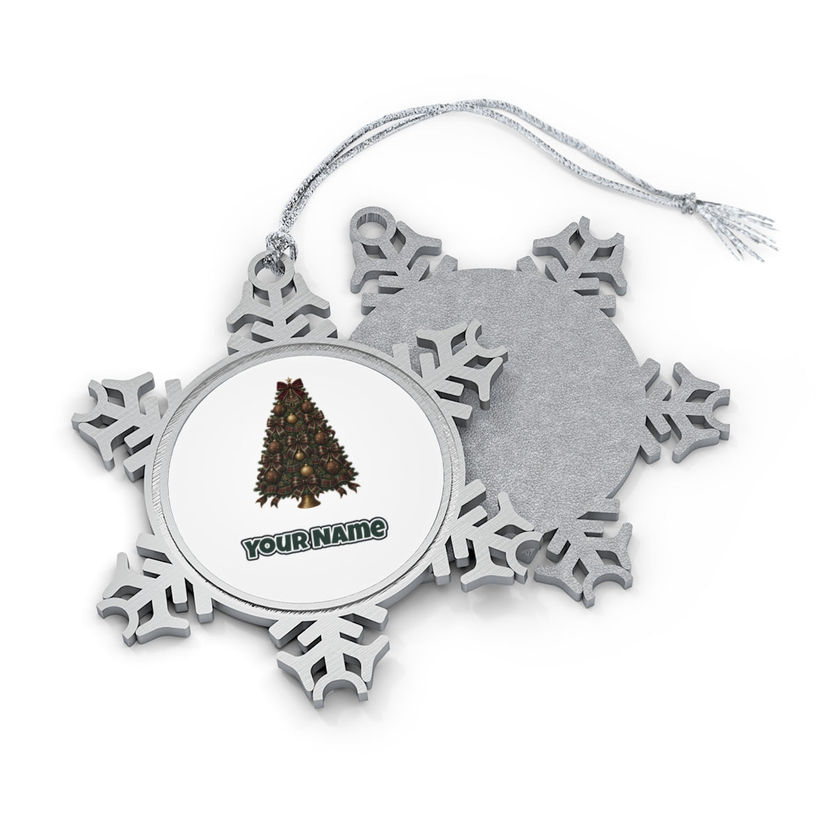 Tartan Bow Christmas Tree Personalised Pewter Christmas Ornament