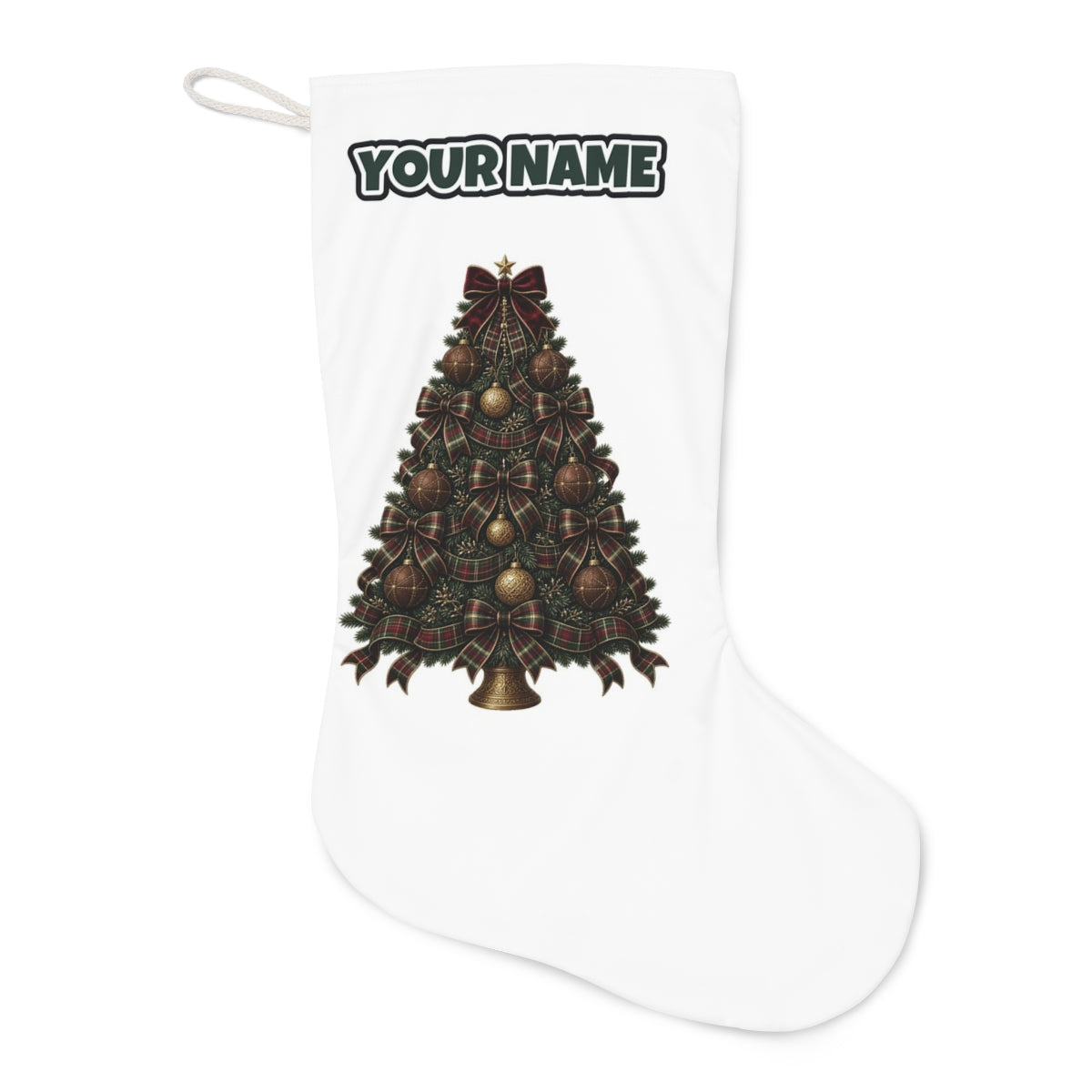 Tartan Bow Christmas Tree Christmas stocking laid flat, showing the full print