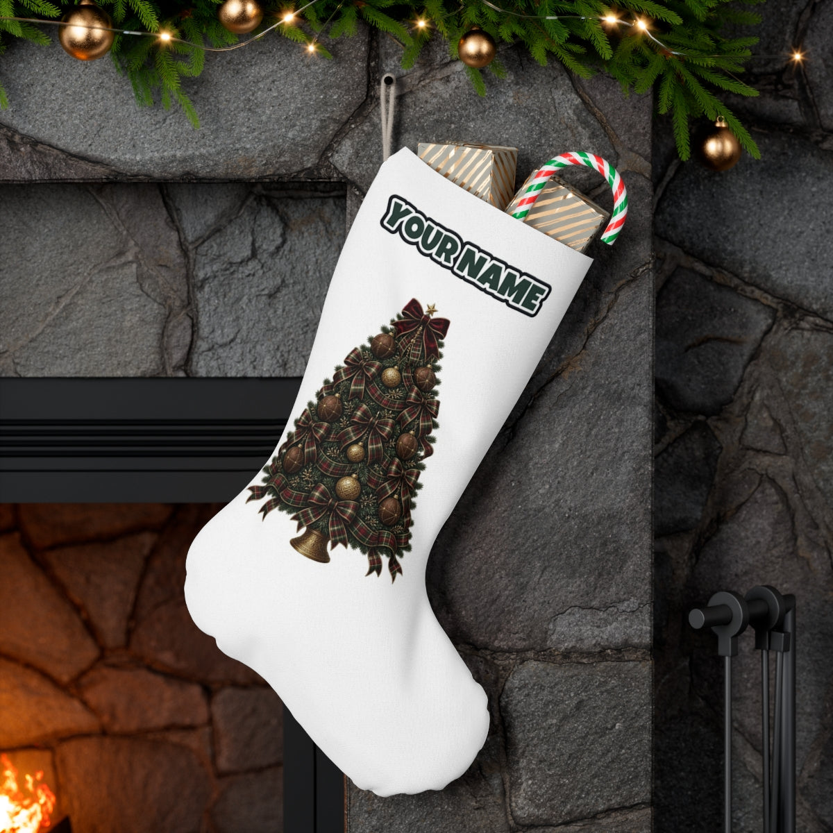 Tartan Bow Christmas Tree personalised Christmas stocking hanging on a mantel