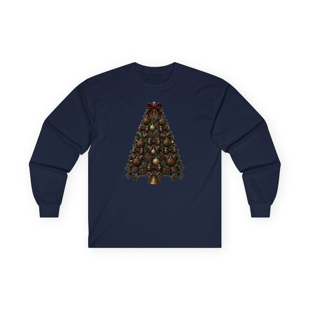 Tartan Bow Christmas Tree personalised long sleeve Christmas T-shirt in navy