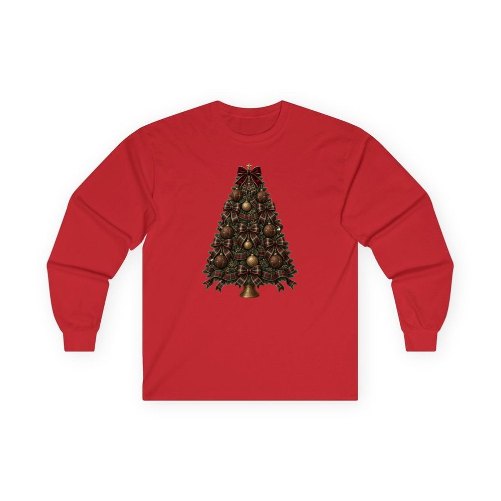 Tartan Bow Christmas Tree personalised long sleeve Christmas T-shirt in red