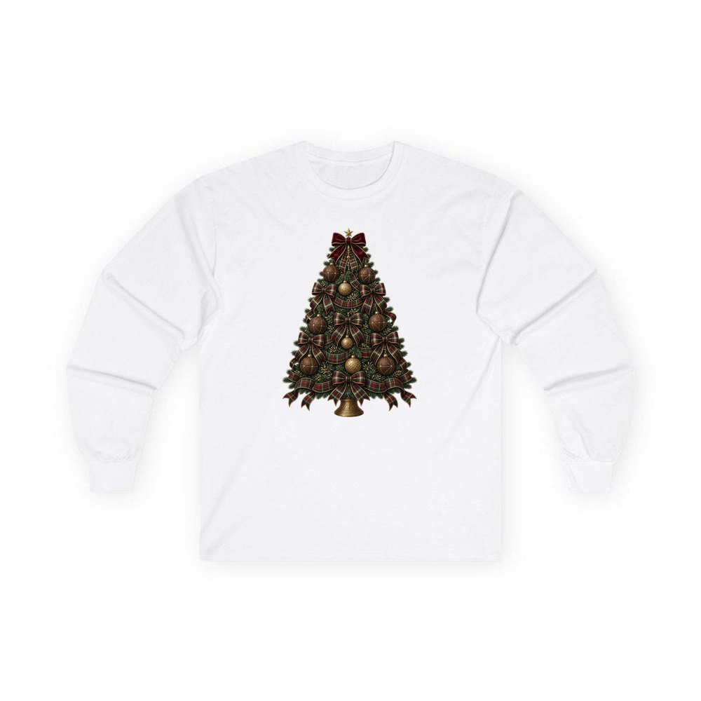 Tartan Bow Christmas Tree personalised long sleeve Christmas T-shirt in white