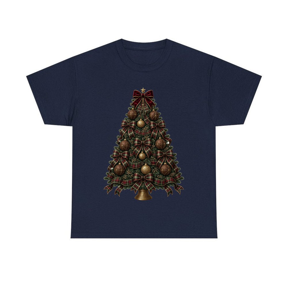 Tartan Bow Christmas Tree personalised Christmas T-shirt in navy