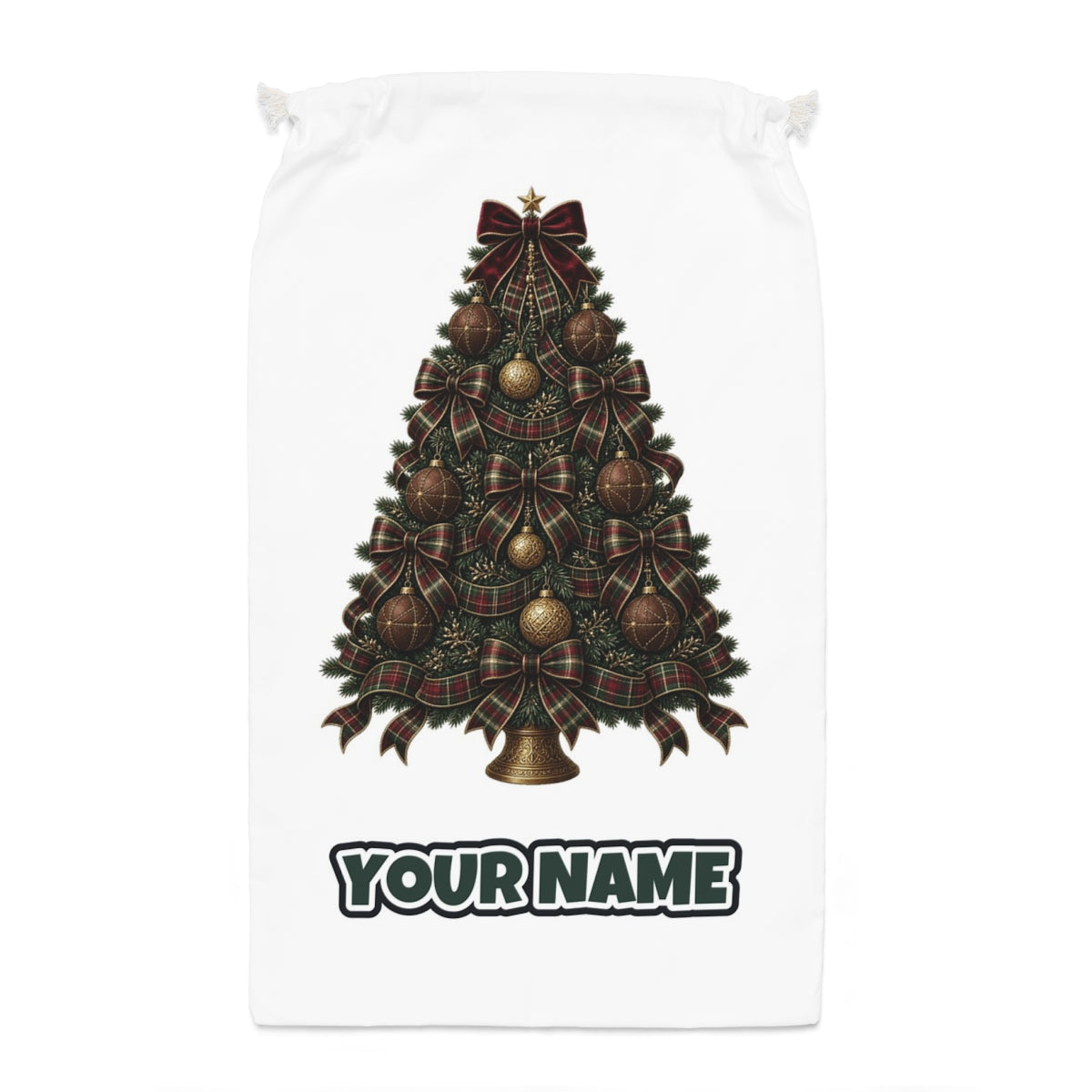 Tartan Bow Christmas Tree Santa sack laid flat, showing the full print