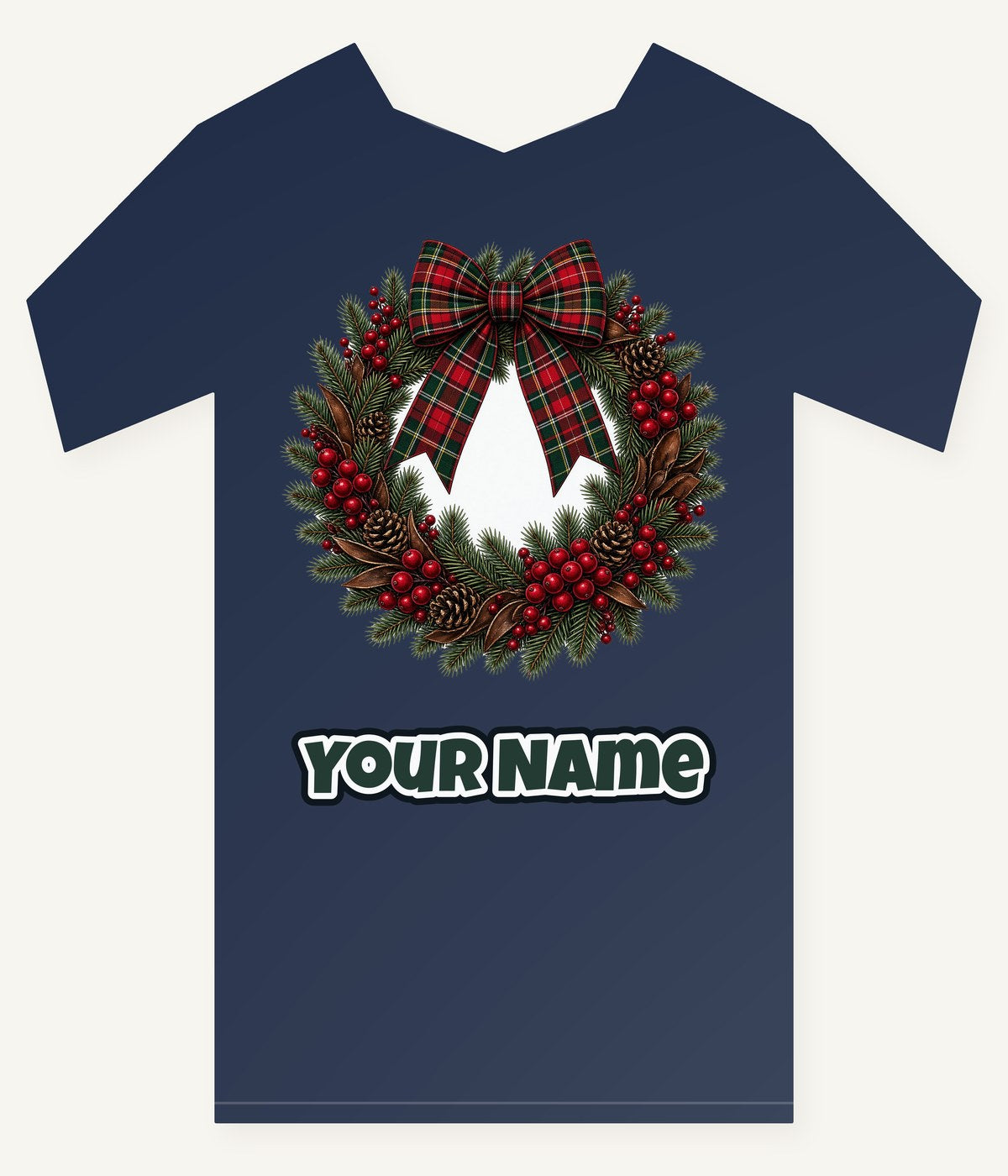 Tartan Bow Pine Wreath personalised kids Christmas tee with the design and a name printed on the front