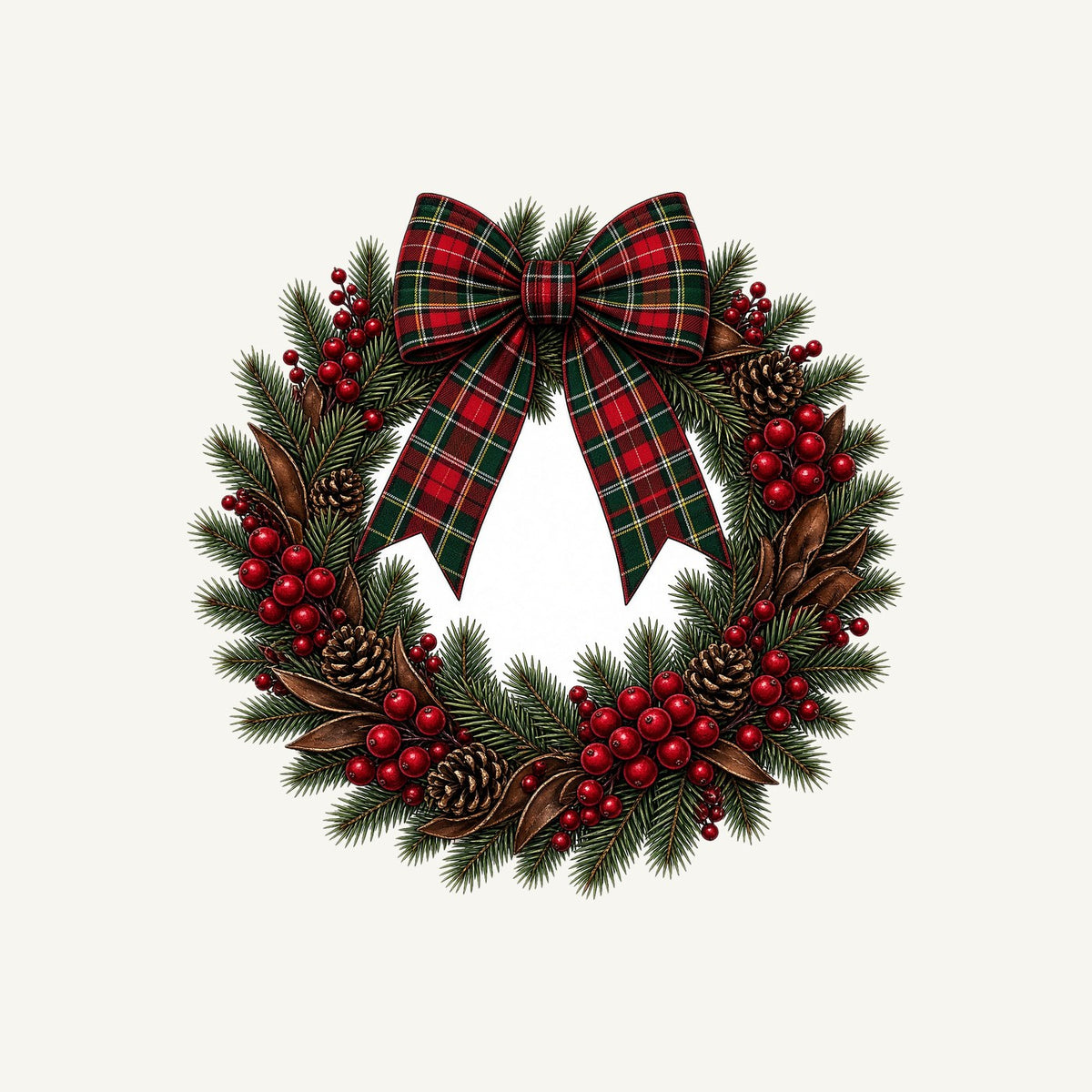 Tartan Bow Pine Wreath Christmas artwork, the design printed on the personalised kids tee