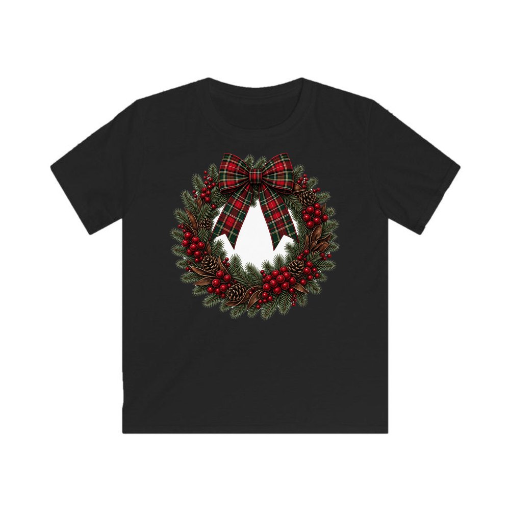 Tartan Bow Pine Wreath personalised kids Christmas tee in black