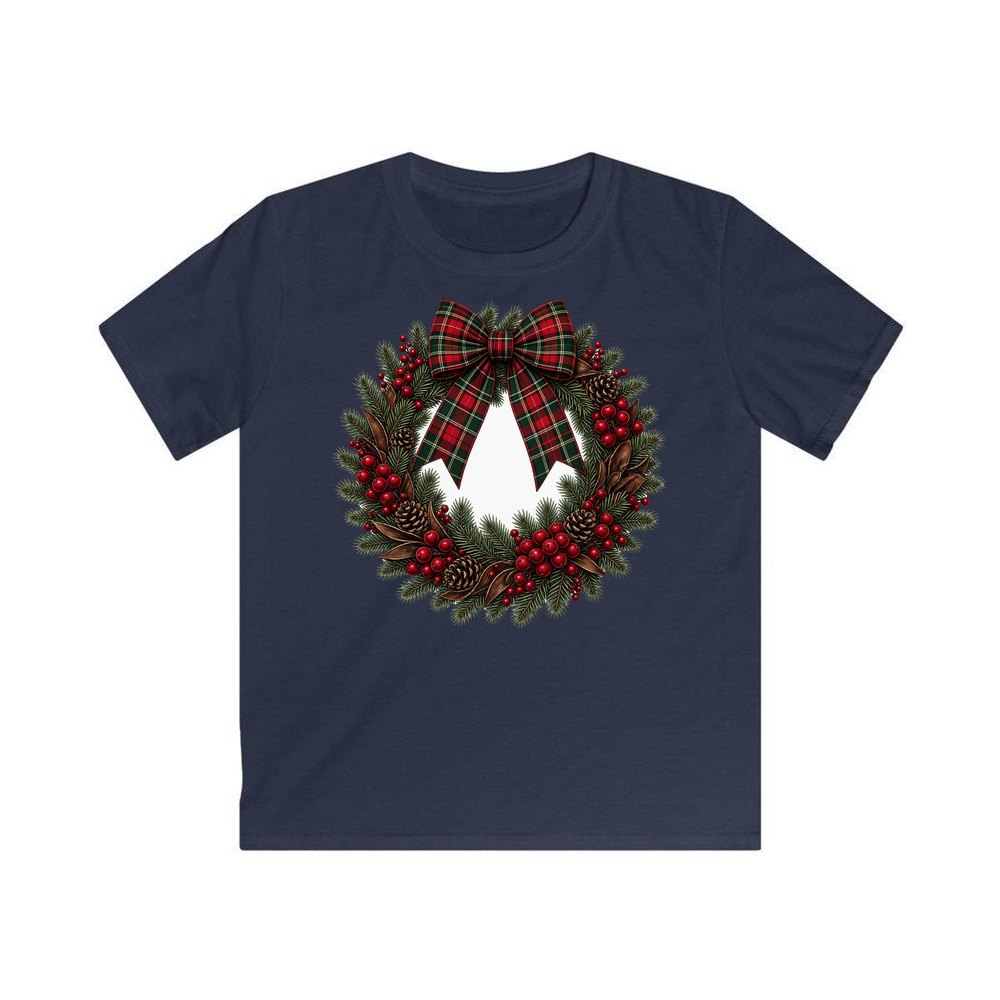Tartan Bow Pine Wreath personalised kids Christmas tee in navy