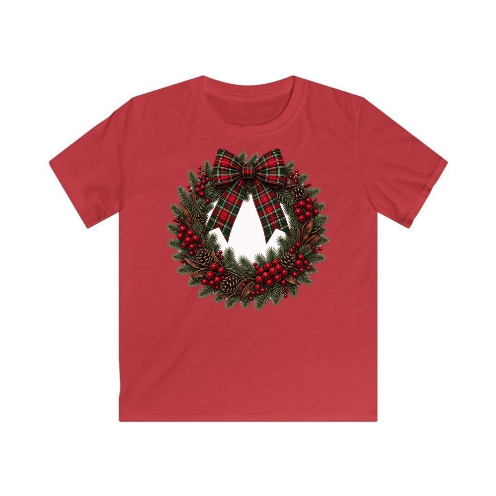 Tartan Bow Pine Wreath personalised kids Christmas tee in red