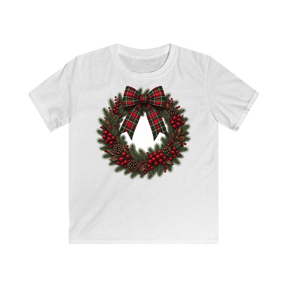 Tartan Bow Pine Wreath personalised kids Christmas tee in white