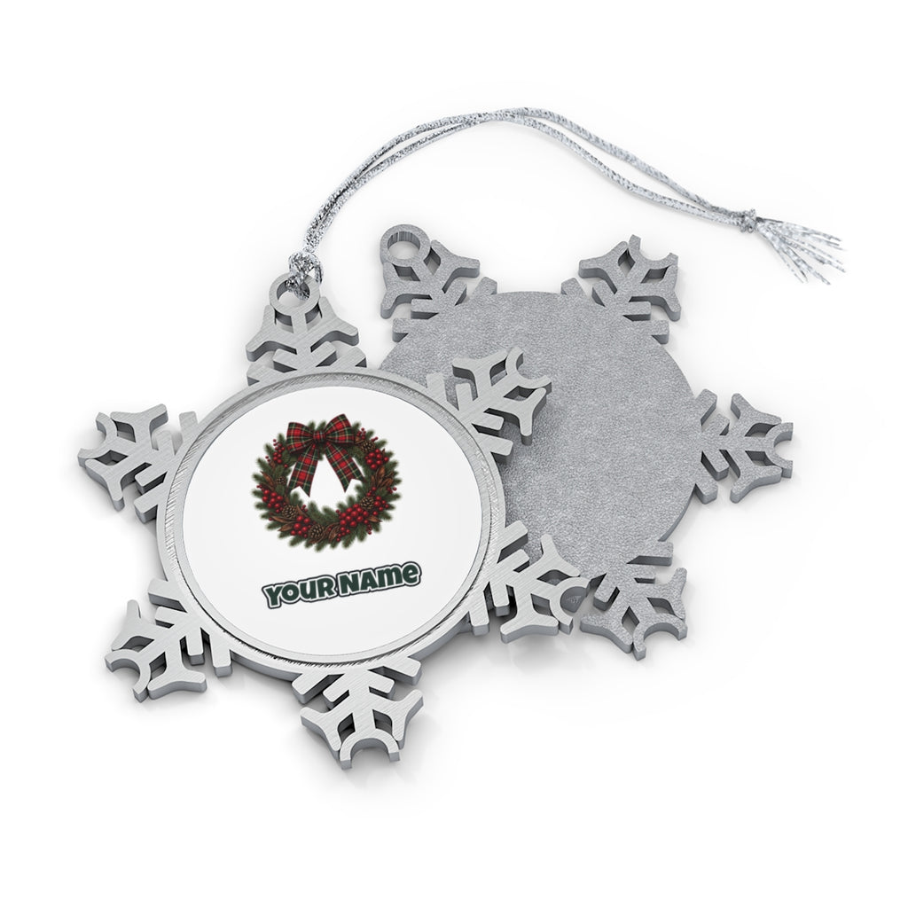 Tartan Bow Pine Wreath Personalised Pewter Christmas Ornament