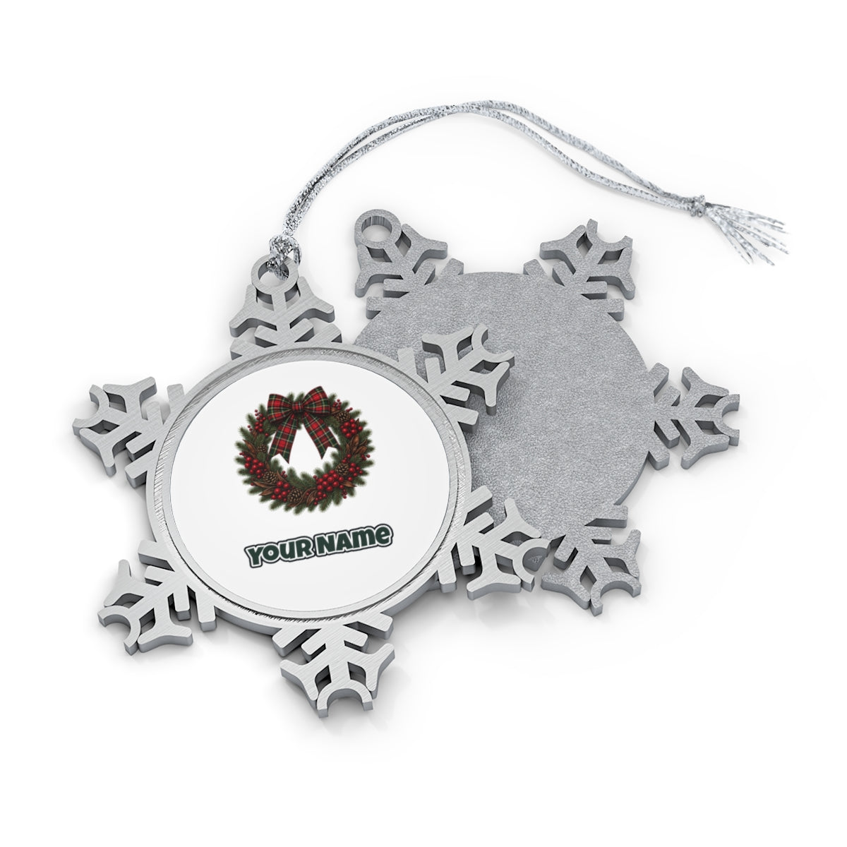 Tartan Bow Pine Wreath Personalised Pewter Christmas Ornament