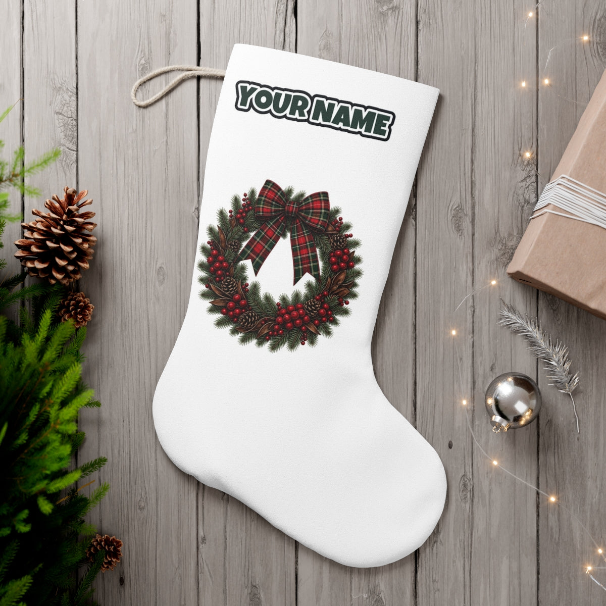 Tartan Bow Pine Wreath personalised Christmas stocking, white, with the name across the top