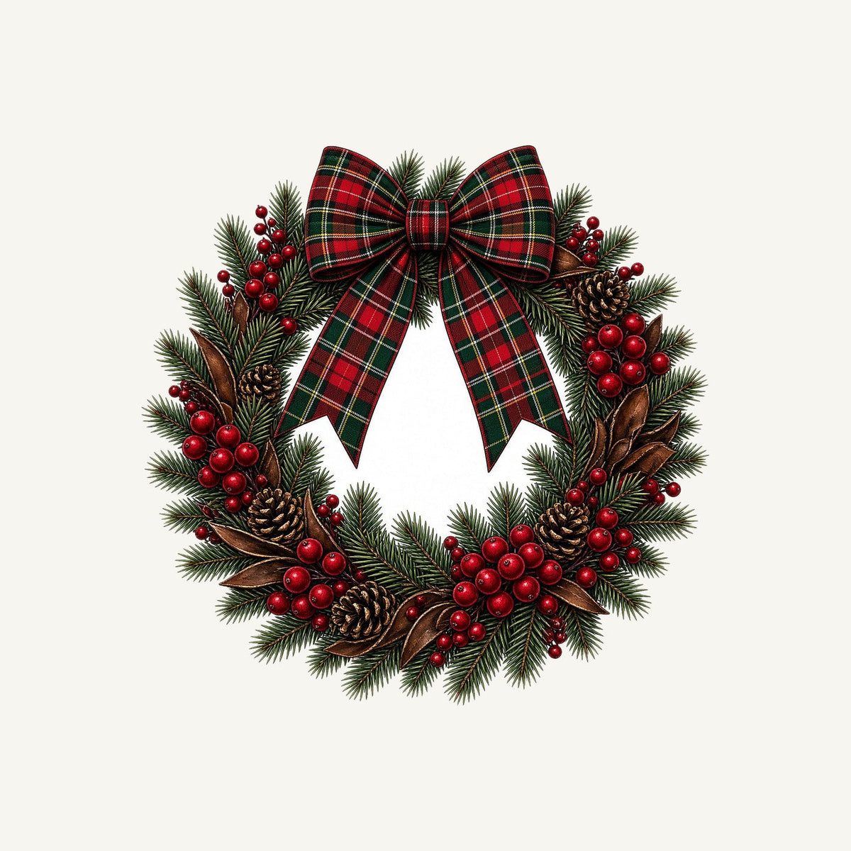 Tartan Bow Pine Wreath Christmas artwork, the design printed on the personalised stocking