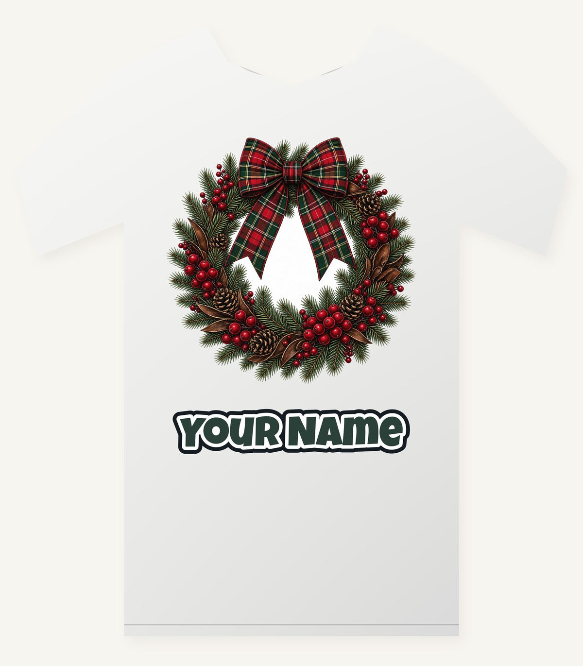 Tartan Bow Pine Wreath Personalised Christmas T-Shirt and Hoodie