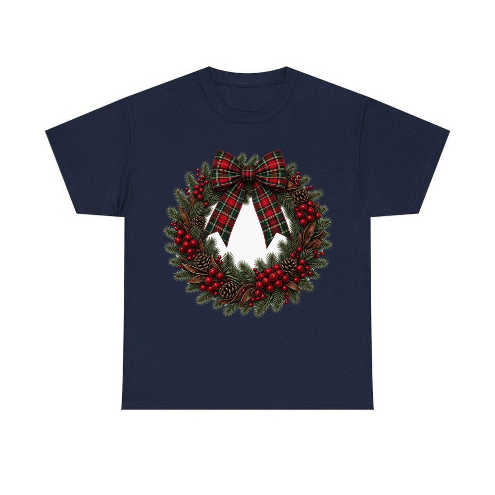 Tartan Bow Pine Wreath personalised Christmas T-shirt in navy