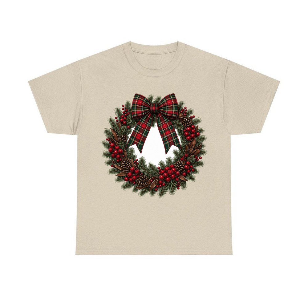 Tartan Bow Pine Wreath personalised Christmas T-shirt in sand