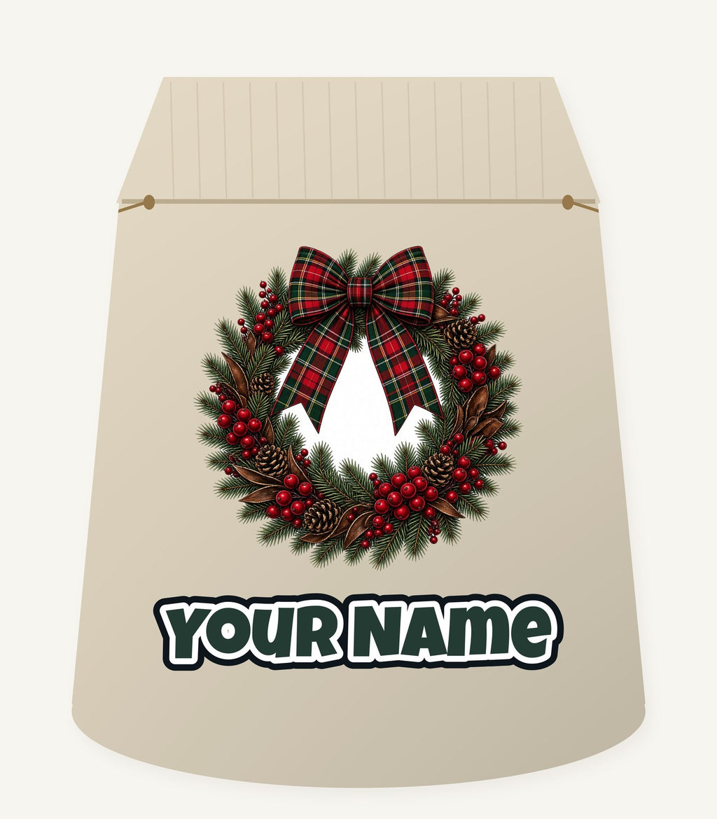 Tartan Bow Pine Wreath Personalised Santa Sack